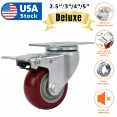 3" 4" 5" Caster Wheels Swivel Plate Total Lock Brake On Red Polyurethane