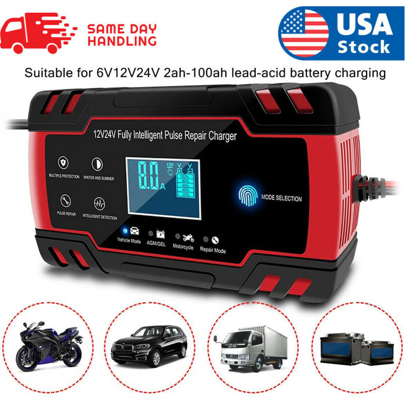 LCD Car ATV 12/24V 6-150Ah Motorcycle Pulse Repair Battery Charger AGM Automatic