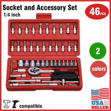 46 pcs 1/4 inch Drive Impact Socket wrench tool Set with drill adapter w/Case