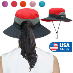 Women Wide Brim Sun Visor Caps Holiday Beach Summer Floppy Ponytail Hat Outdoor