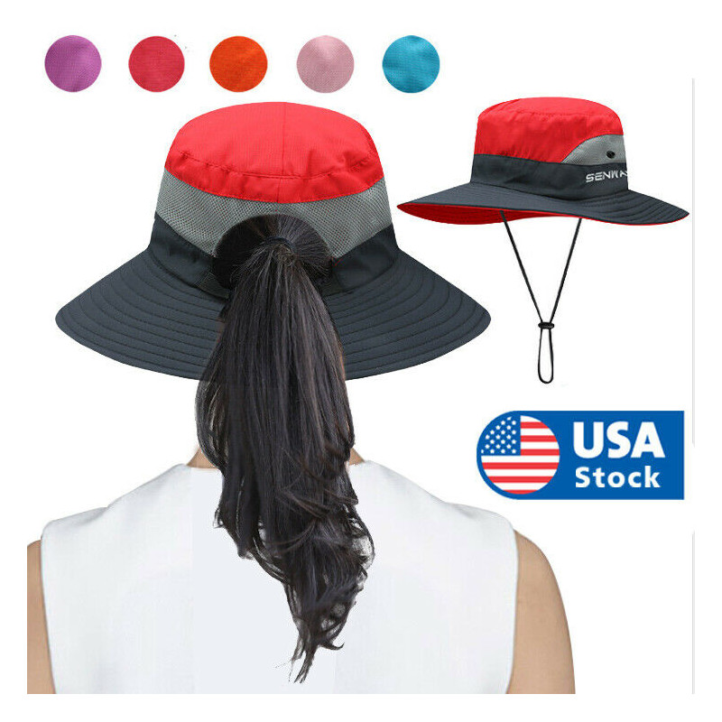 Women Wide Brim Sun Visor Caps Holiday Beach Summer Floppy Ponytail Hat Outdoor