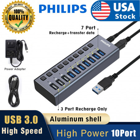 Philips 10 USB 3.0 HUB 48w 10 Ports Powered High Speed Splitter Extender Cable