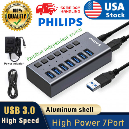 Philips 7P USB 3.0 High Speed HUB Splitter Box  ON/OFF Switch AC Power Adapter