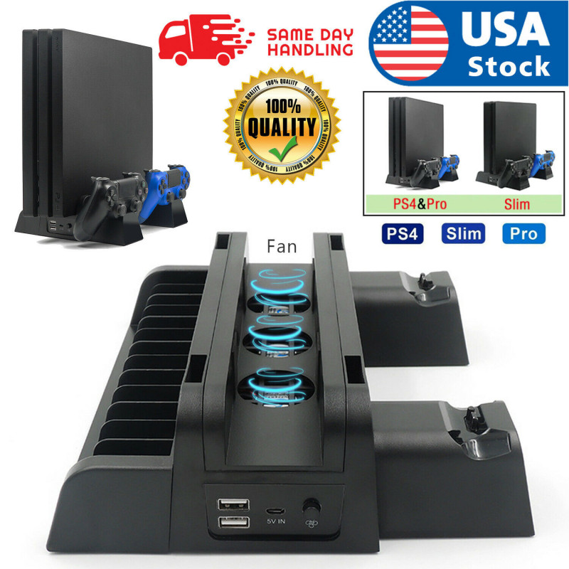 For PS4 Pro/Slim Vertical Stand + 3 Cooling Fan Controller Charging Dock Station