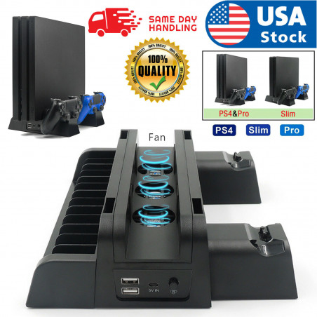 For PS4 Pro/Slim Vertical Stand + 3 Cooling Fan Controller Charging Dock Station