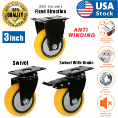 3 Inch Caster Wheels Swivel Plate Total Lock Brake On Yellow Polyurethane