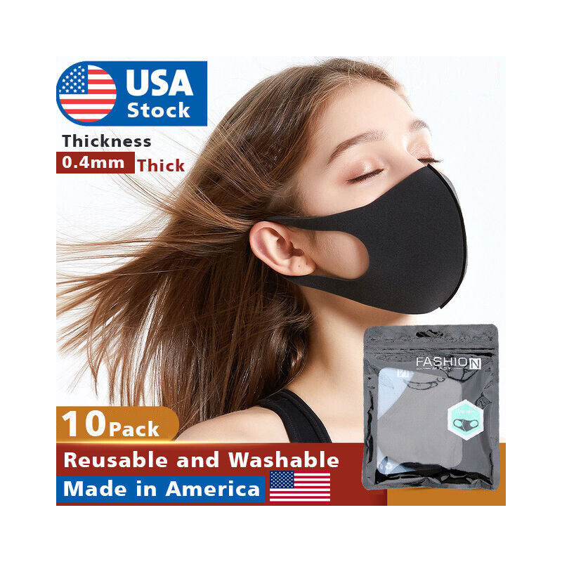 10 Pack Reusable Face Mask Black Washable Masks Breathable Unisex 0.4mm Thick