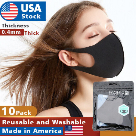 10 Pack Reusable Face Mask Black Washable Masks Breathable Unisex 0.4mm Thick