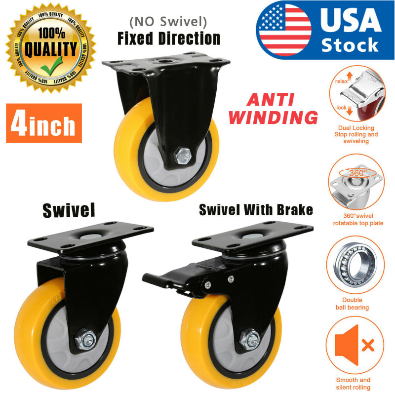 4 Inch Caster Wheels Swivel Plate Total Lock Brake On Yellow Polyurethane