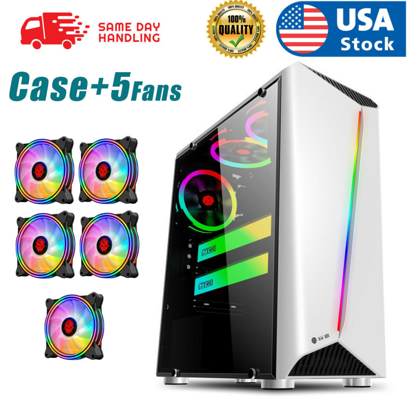 PC Case+5Fans Gaming Computer Case ATX/MATX/ITX Mid Tower Case, Side Panel