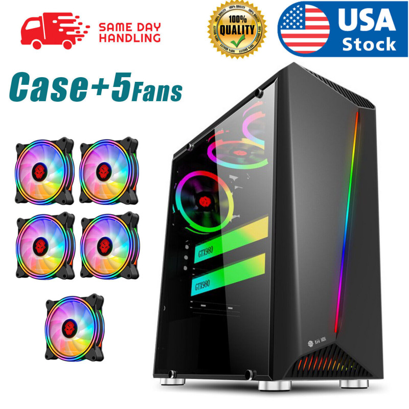 PC Case+5Fans Gaming Computer Case ATX/MATX/ITX Mid Tower Case, Side Panel Color Computer case