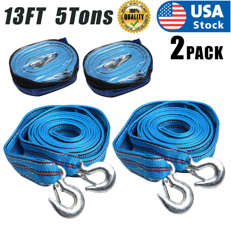 2PACK 5Tons Car Tow Cable Towing Strap Rope with Hooks Emergency Heavy Duty 13FT