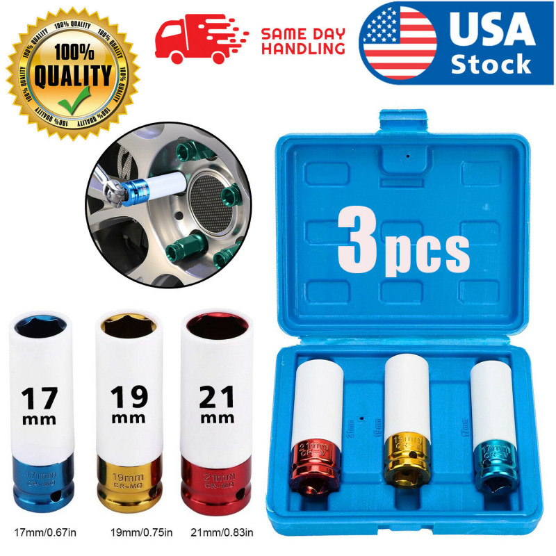 3Pcs Lug Nut Socket Set Thin Wall Deep Wheel Protector 1/2" Drive 17 -19 - 21mm