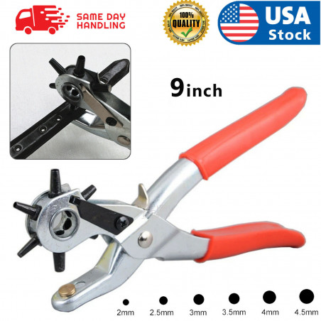 9" Leather Hole Punch Heavy Duty Hand Pliers Belt Holes 6 Sized Puncher Tool New