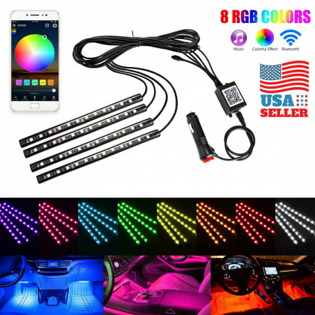 4x 12 LED RGB Car Interior Atmosphere Light Strip Phone Bluetooth APP Control