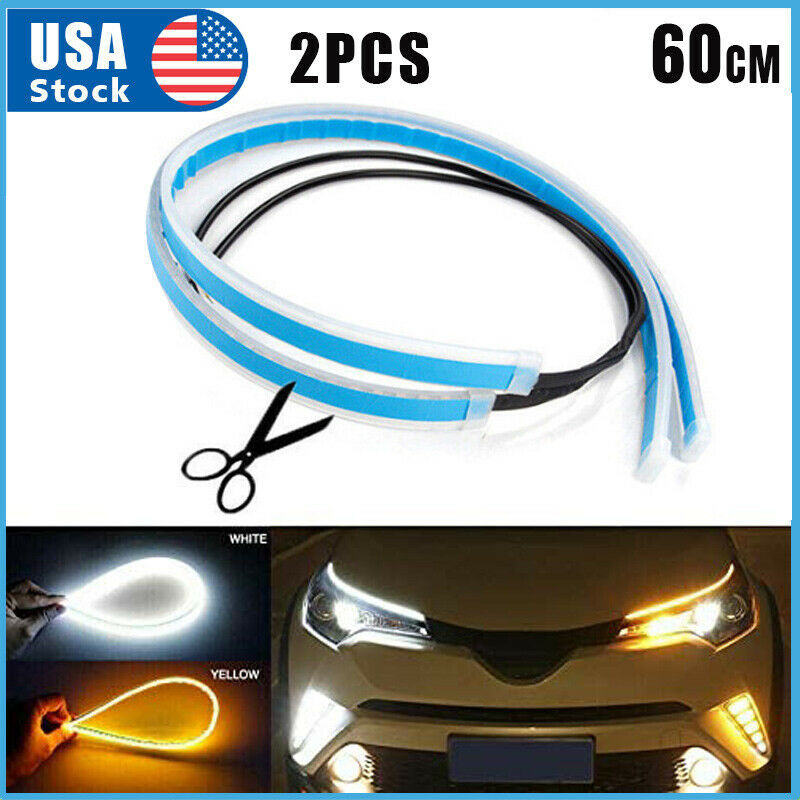 2 x 60CM LED DRL Light Amber Sequential Flexible Turn Signal Strip for Headlight