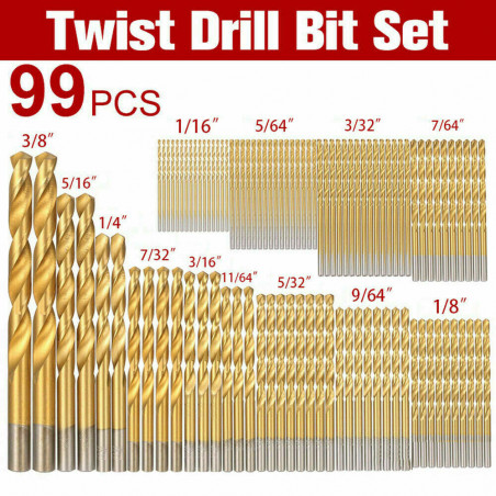 99PCS Drill Bit Set 1/16"-3/8" HSS Titanium Multi Bits Metal Tools Twist Wood