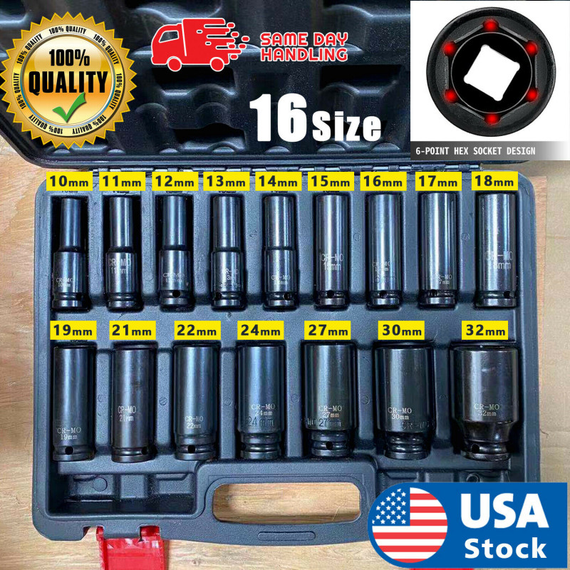 16 PCs Pneumatic Air Hex1/2" Drive 6 Point Metric Impact Socket Set 10-32mm