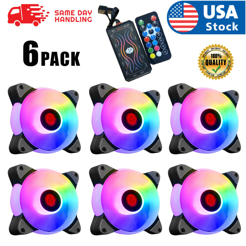 6 PACK LED Cooling Fan RGB 120mm 12V + Remote Control For Computer Case PC CPU