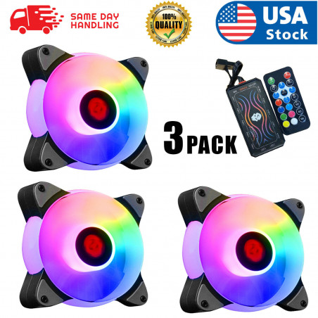 3Pack 120mm RGB LED Quiet 12V Computer Case ARGB Cooling Fan with Remote Control