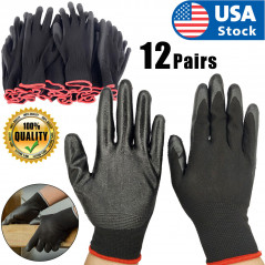 12 Pairs Work Gloves Ultra-Thin Safety Polyurethane Coated Nylon Shell Black