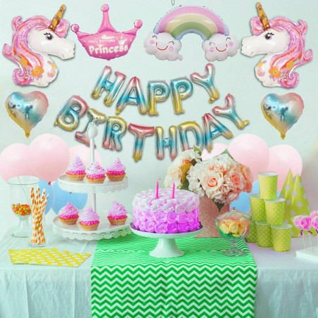 Unicorn Theme Party Balloon Set, Happy Birthday Banner, Rainbow Party Decor
