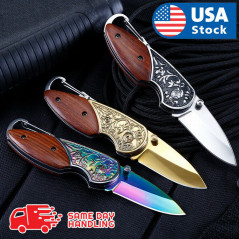 5.3" WOOD HANDLE Folding Blade Pocket Knife Rainbow Blade Stainless Steel