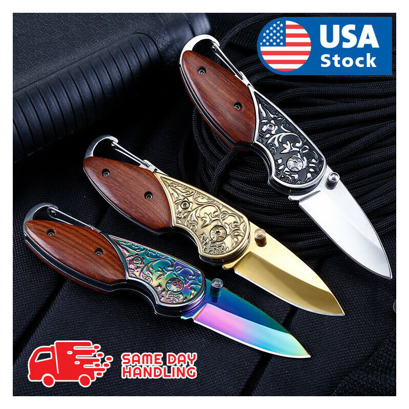 5.3" WOOD HANDLE Folding Blade Pocket Knife Rainbow Blade Stainless Steel