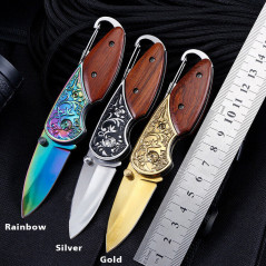 5.3" WOOD HANDLE Folding Blade Pocket Knife Rainbow Blade Stainless Steel