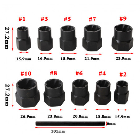 11pcs Twist Socket Set Damaged Lug Nut Lock Remover Extractor Tool 9-19mm Metric