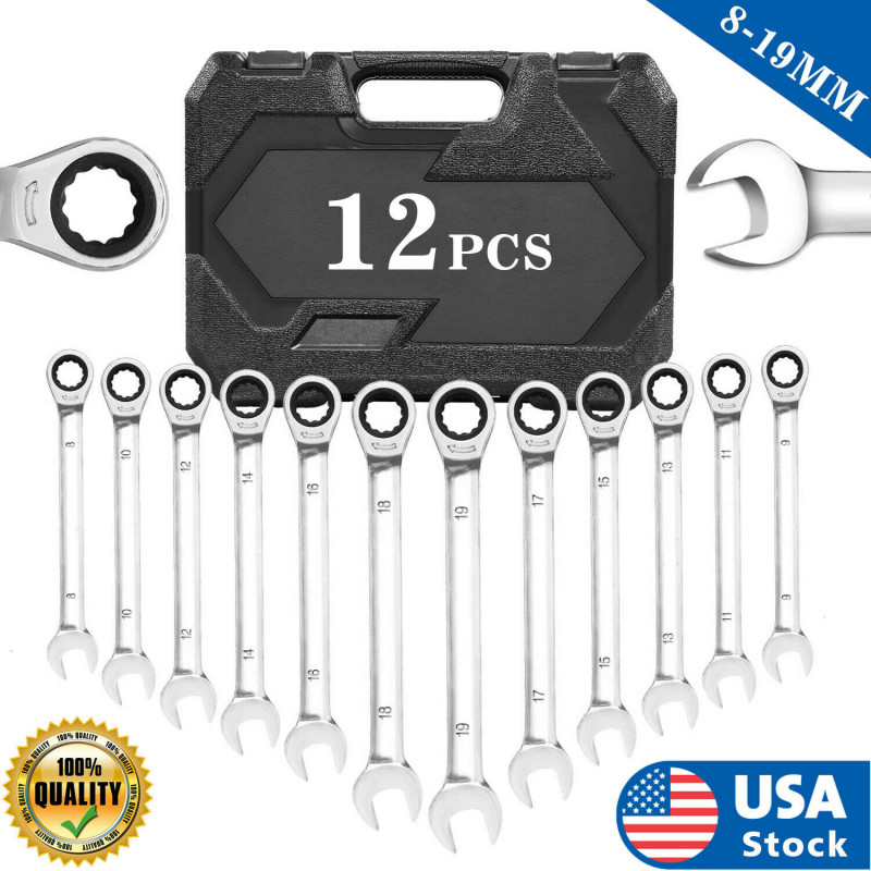 12pcs Ratcheting Combination Wrench Set Metric 8-19MM Tool