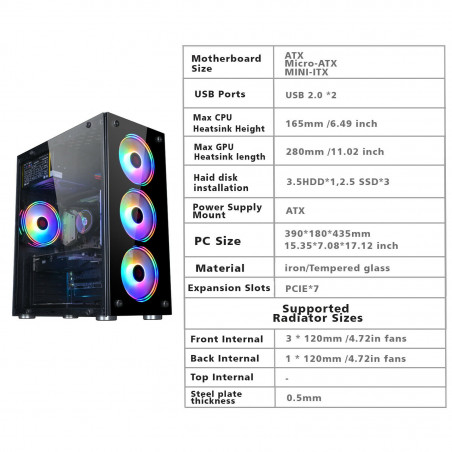 PC ATX Mid-Tower Gaming PC Computer Case Tempered Glass+RGB LED 4Fans