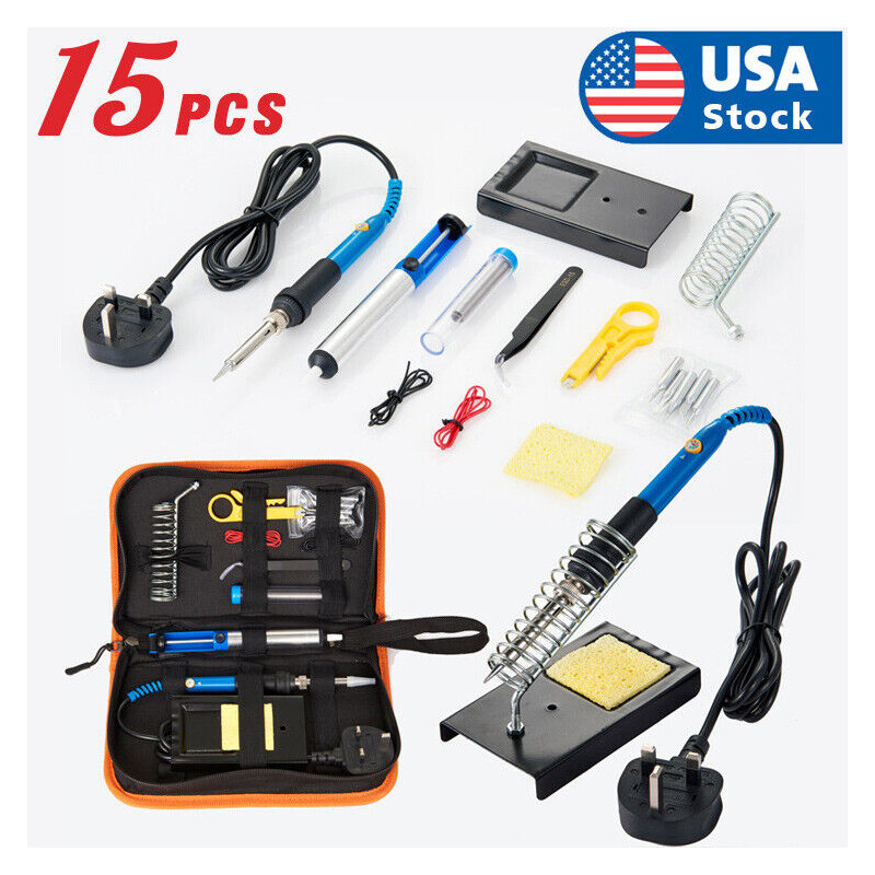 15Pcs Soldering Tips Iron Kit Electronics60W Adjustable Temperature Welding Tool