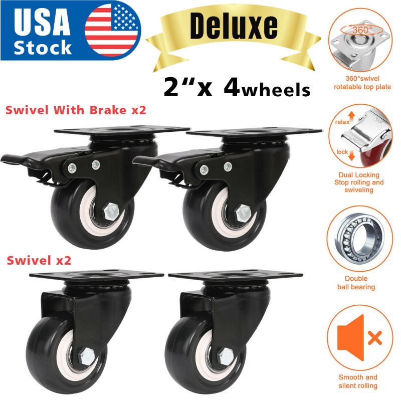 Set of 4 Swivel Plate Casters 2" Polyurethane Wheels 2 with Total Lock Brake