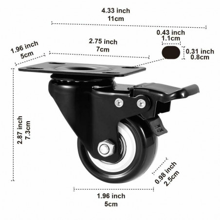 Set of 4 Heavy Duty Swivel Casters with Lock Brakes 2" Polyurethane Wheels