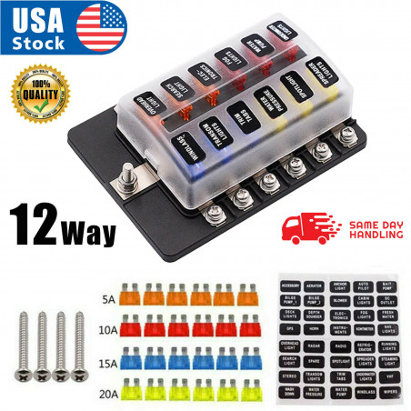 Waterproof 12-Way Blade Fuse Box Block Holder LED Indicator 12V 32V Auto Marine