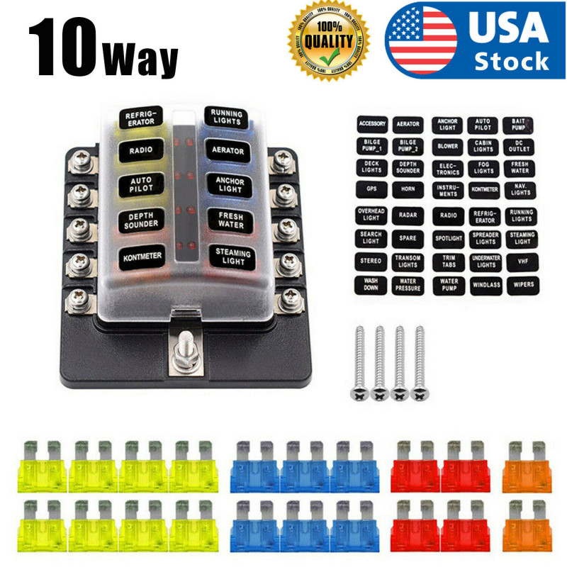 10-Way Fuse Box Blade Fuse Holder 5A 10A 15A 20A Fuses LED Indicator Waterpoof