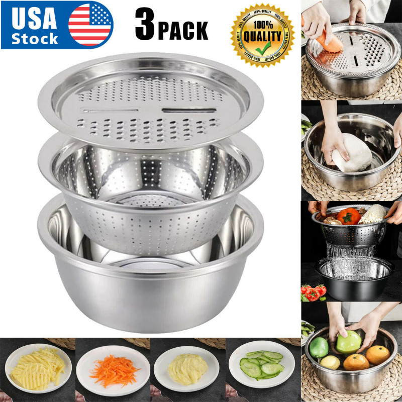 3 Pcs Kitchen Stainless Steel Multi-function Grater Slicer Washing Drain Basin