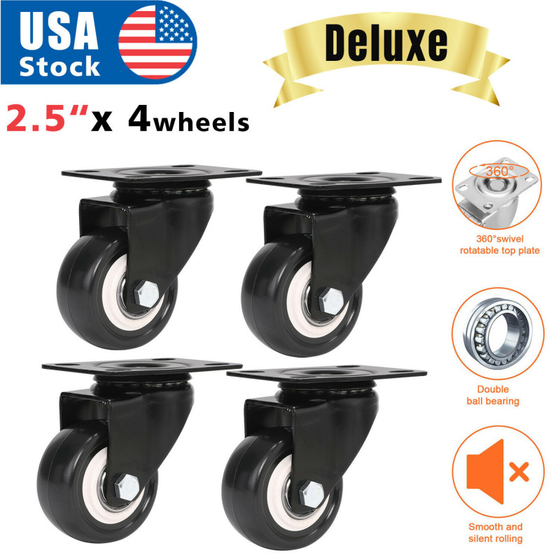 4 Pack 2.5" Swivel Caster Wheels Rubber Base With Top Plate & Bearing Heavy Duty
