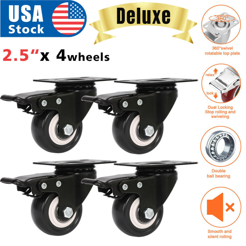 Set 4 Swivel Plate Casters 2.5" Black Polyurethane Wheels Total Lock Brake