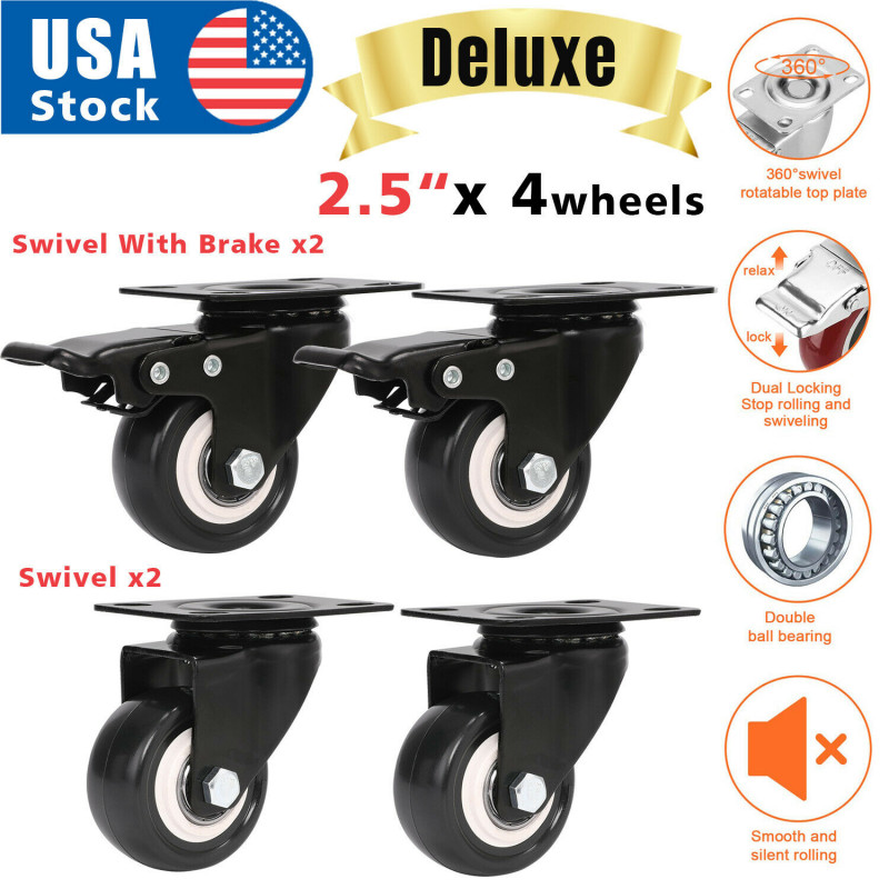 Set of 4 Swivel Plate Casters 2.5" Polyurethane Wheels 2 with Total Lock Brake