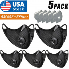 5PACK Reusable Dual Air Valve Cycling Sport Face Mask Cover PM2.5 Carbon Filter