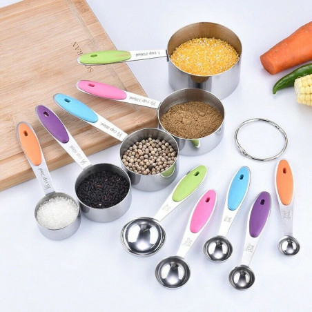 10PCS Measuring Cups and Spoons Set Stainless Steel Nonslip Silicone Handle