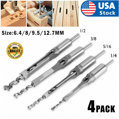4Pc Woodworking Square Hole Drill Bits Wood Saw Mortising Chisel Cutter Tool Set