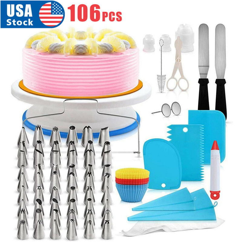 106pcs Set Cake Decorating Supplies Pieces Kit Baking Tools Turntable Stand Pen