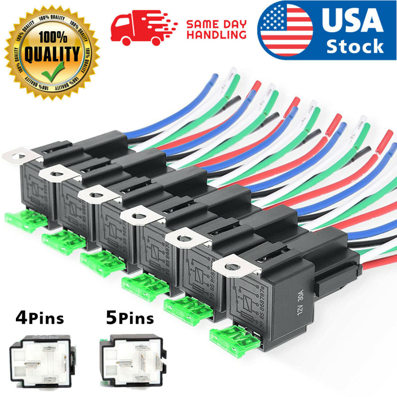6 Pcs SPDT Car Relay Switch Harness Kit 4pin 5pin 30A ATO Fuse 14VDC Hot Wires
