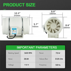 6''In line Duct Fan Mixed Flow Exhaust Fan Blower Ventilation 75W 318CFM