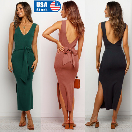 Women Stretch Dress Bodycon Party Sleeveless Slim Fit Maxi Sexy Long Sundress US