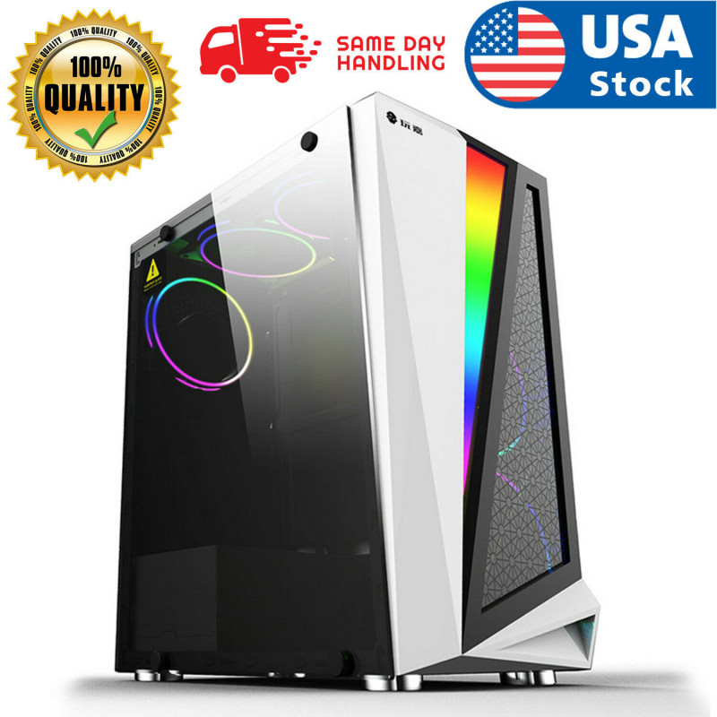 RGB Light Computer Case Tempered Glass Panels ATX Gaming  White PC Case