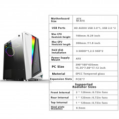 RGB Light Computer Case Tempered Glass Panels ATX Gaming  White PC Case